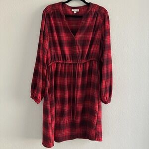 Knox‎ Rose Dress Womens Large Red Plaid V Neck Button Front Drawstring Waist
